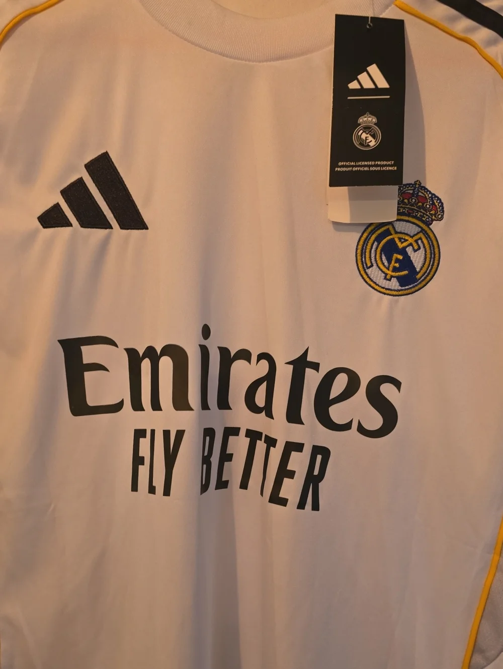 Adidas Real Madrid White & Gold Soccer Jersey - Emirates Fly Better Bellingham - Picture 2 of 7